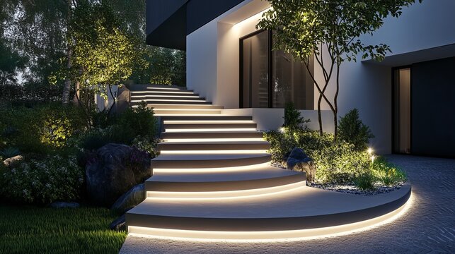Stunning illuminated staircase leads to modern luxury residence surrounded by lush landscape at twilight