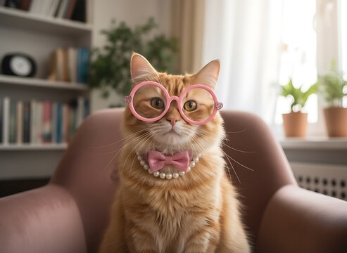 Adorable ginger cat wearing pink glasses and a bow tie, sitting in a chair, creating a funny and charming pet portrait at home