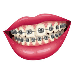 Close up of a smiling mouth with dental braces on teeth isolated on transparent background