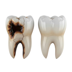 Comparison of a healthy tooth versus a severely decayed tooth isolated on transparent background
