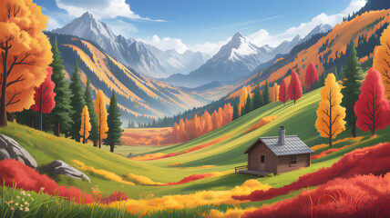 Autumn valley with a small cabin and colorful foliage