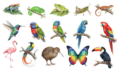 Naklejka premium Detailed Watercolor Collection of Exotic Jungle Animals and Birds