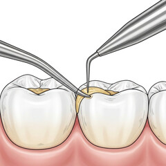 Dental filling procedure illustration showing cavity preparation and material placement isolated on transparent background