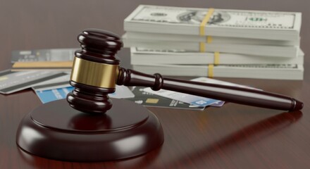 Legal and financial decision: gavel, money, and credit cards on
