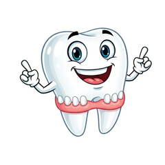 Smiling cartoon tooth character wearing dentures with arms raised in celebration isolated on transparent background