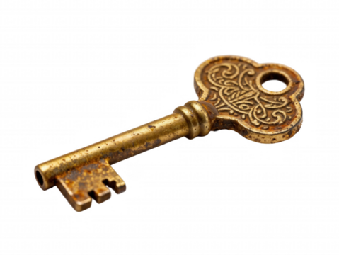 Close-up of a Ornate Key with Intricate Detailing and Weathered Texture, Antique Elegance
