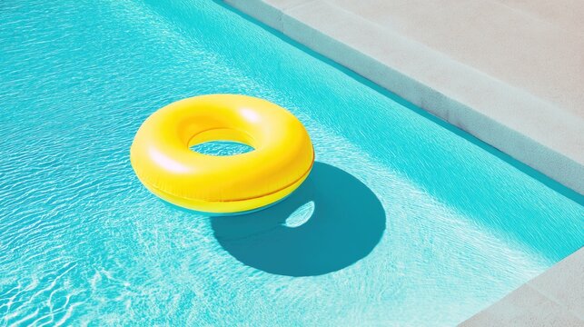 Bright yellow inflatable ring floating in clear blue swimming pool water