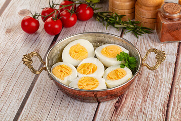 Boiled chicken eggs with bright yolk
