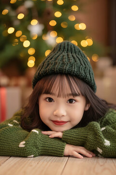 Curious young girl peeks from under a Christmas tree, her wide brown eyes glowing with wonder as festive lights create a dreamy bokeh above her cozy green sweater.