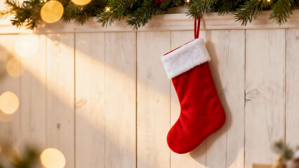 Red Christmas stocking hanging on white wooden wall with festive border
