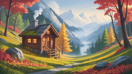 Fototapeta premium Cozy Log Cabin in Autumn Mountain Landscape house home