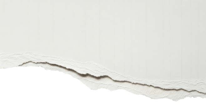 Cracked white paper surface with torn edge isolated on transparent background