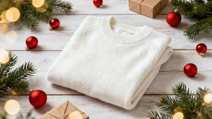 White folded sweater with Christmas ornaments and fir branches