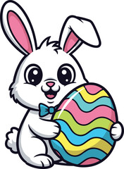 Happy Easter bunny holding colorful decorated egg, festive spring holiday cartoon illustration, cheerful rabbit character, joyful seasonal artwork, celebration design
