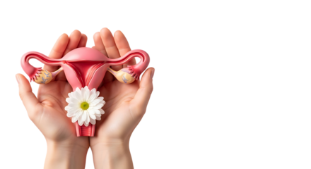 Hands holding a model of the female reproductive system with a flower isolated on transparent background