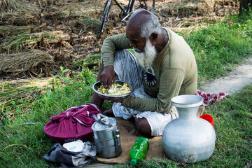 Monday 3 November 2025,Ishwardi,Pabna Bangladesh, An old village farmer is eating lunch next to the agricultural land.