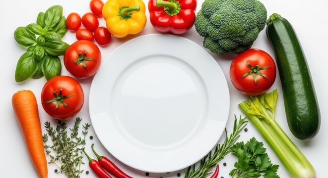 Culinary Palette: A vibrant display of fresh vegetables encircles a pristine plate, inviting creativity and culinary exploration.