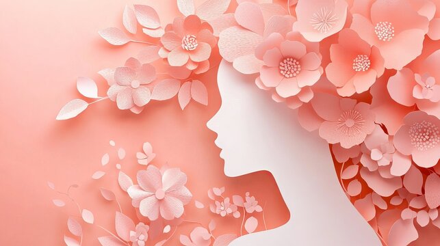 Elegant floral paper art with feminine silhouette, perfect for Mother's Day and springtime promotions, conveying beauty and grace in pastel pink