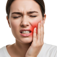Young woman experiencing severe toothache pain holding her cheek isolated on transparent background