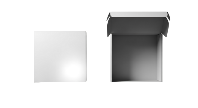 Open and closed white cardboard box isolated on transparent background