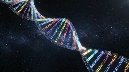 A glowing colorful double helix DNA molecule spirals through a starry cosmic background representing science and genetics - Powered by Adobe