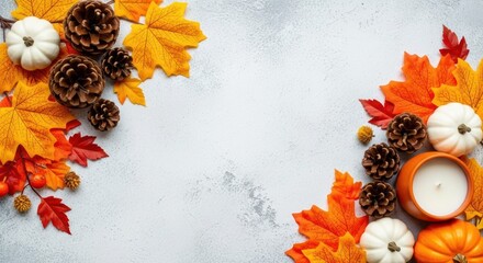 Autumnal Arrangement: A vibrant assortment of fall leaves, pine cones, gourds and pumpkins, and candles in warm tones that embody the essence of the autumn season.