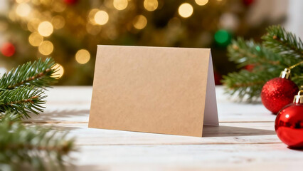 Blank Christmas card on wooden table with pine and ornaments