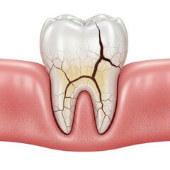 Close up of a cracked and damaged tooth showing decay and gum recession isolated on transparent background