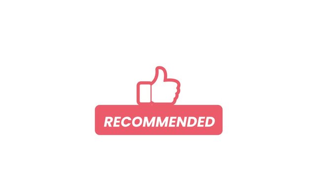 Positive feedback animation with a 'thumbs up' and the word 'recommended'. Great for social media promotions and marketing campaigns, Video editing element. Loop animation