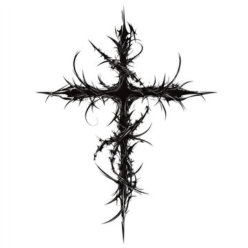 Intricate black thorn cross design with sharp spikes and organic style