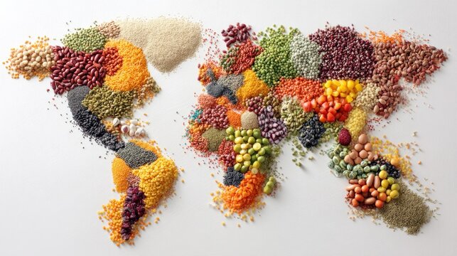 World map created with varied grains and legumes displaying global diversity, Planetary health diet, ecology, sustainability