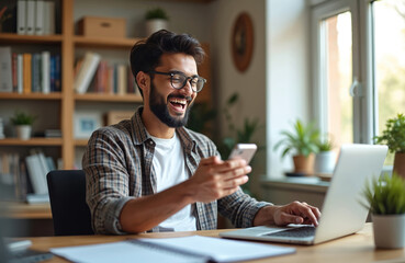 Fototapeta premium Happy young bearded man in glasses laughs aloud at smartphone content, beaming with joy. Sits at modern home office desk, typing on laptop. Guy celebrates good news, success, online game victory big