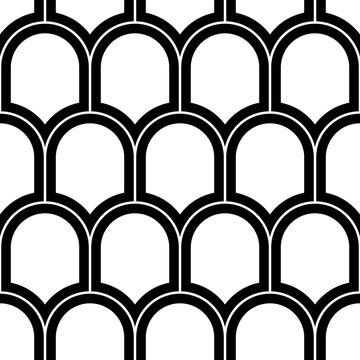 Japan traditional ethnic embroidery ornament with repeated scallops. Fish scale. Repeat scallop background. Seamless surface pattern design with scales. Ancient japanese sashiko uroko motif. Squama.