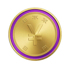 Golden coin with purple rim and ancient chinese characters isolated on transparent background