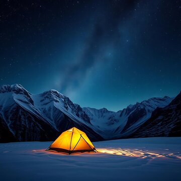 Chitral peaks under Milky Way, snow glistens with starlight, tent glows softly,  tent,  remote