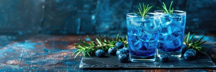 Celebration of Scotland's National Day with refreshing blue frosty cocktails garnished with fresh blueberries and rosemary. Horizontal banner layout with ample copy space for text