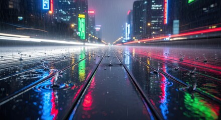 Rainy Cityscape Reflections on Wet Streets at Night