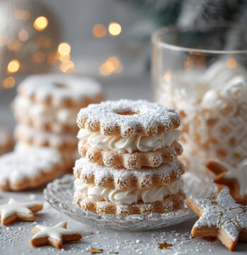 Weihnachtliche Doppelkekse mit Vanillecreme und Puderzucker auf Glasst&auml;nder