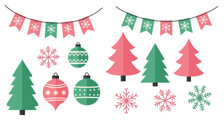 Festive christmas decorations including trees ornaments bunting and snowflakes displayed