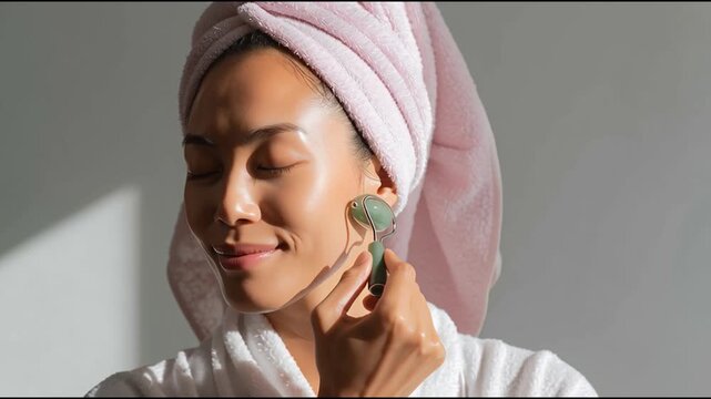Enjoying a relaxing skincare routine while using a jade roller in a bright bathroom setting