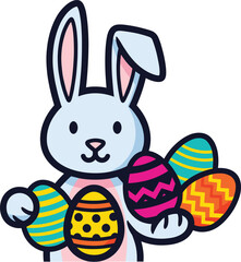Light blue Easter bunny holding colorful decorated eggs, spring holiday celebration, cheerful cartoon rabbit character, festive artwork, cad drawing flat vector illustration