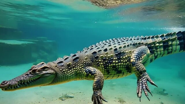 A large crocodile swims gracefully underwater in clear blue water near the sandy bottom crocodile green screen video