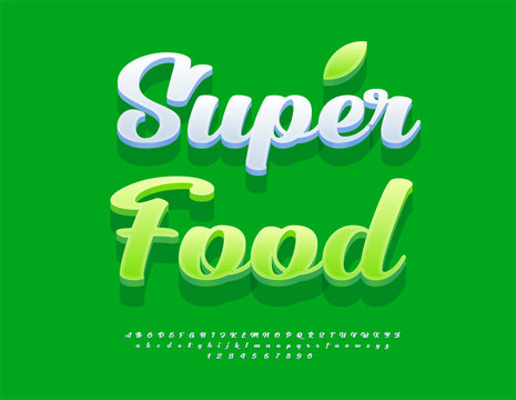 Vector Advertising board Super Food. Eco Green Font. Beautiful Cursive 3D Alphabet Letters and Numbers set.
