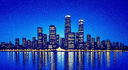 Vibrant city skyline illuminated at night with dazzling reflections on water
