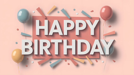 Happy Birthday text with balloons and confetti on a pastel background