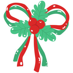 Cute vector illustration of a Christmas bow decorated with holly leaves and red and green berries. Perfect for holiday decorations, greeting cards, gift wrapping.