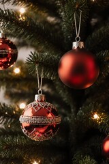 Deep red, glittering ornaments and warm lights on a Christmas tree.