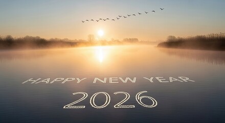 Happy New Year 2026 Sunrise Over Calm Water With Birds Flying