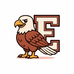 Bald Eagle Mascot: A bold and proud mascot, featuring a majestic bald eagle standing confidently beside the letter E, embodying strength and freedom.