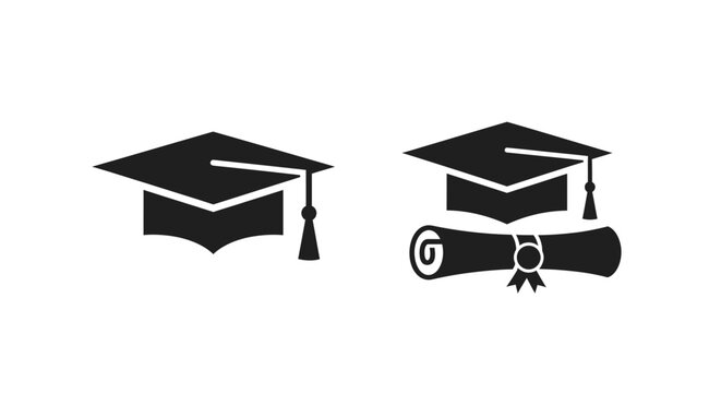 Graduation caps and diploma scroll illustrations in a simple black and white style